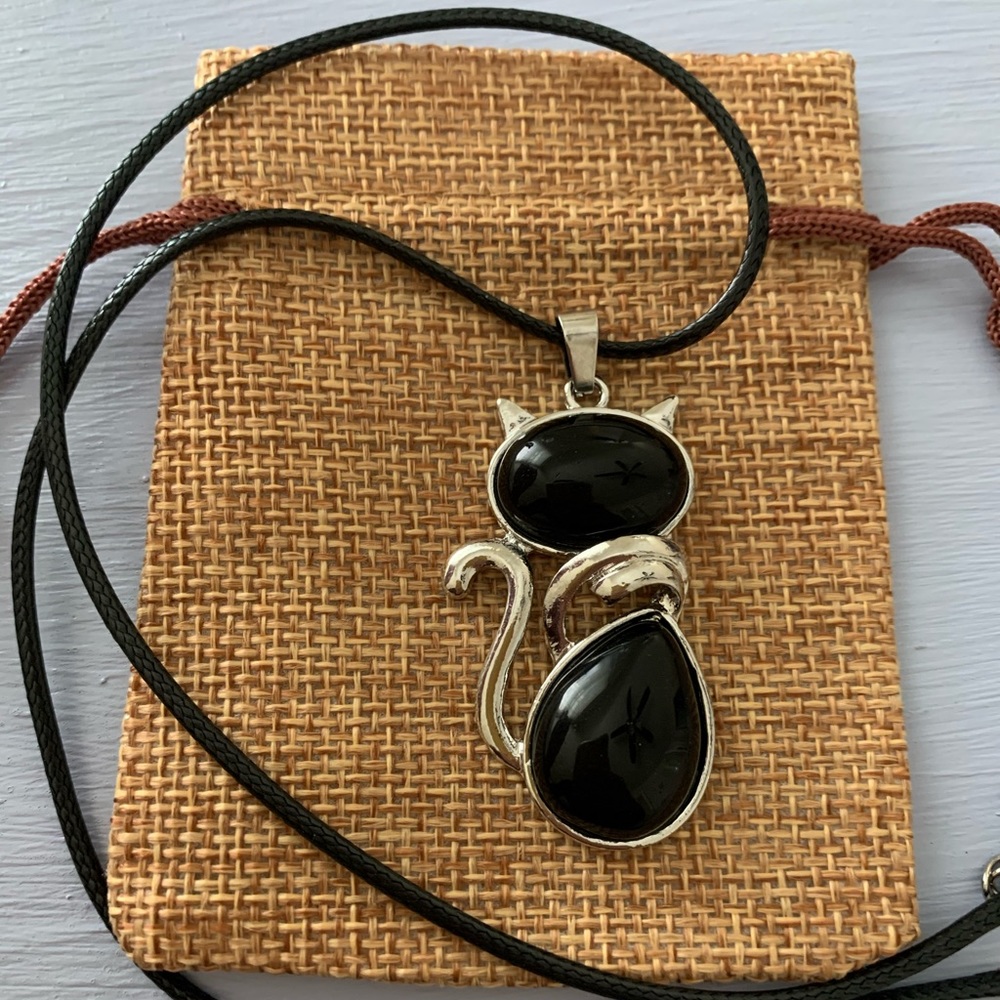 Crystal Cat Necklace Kitty Cat Necklace Black Onyx Necklace Gift For Girlfriend